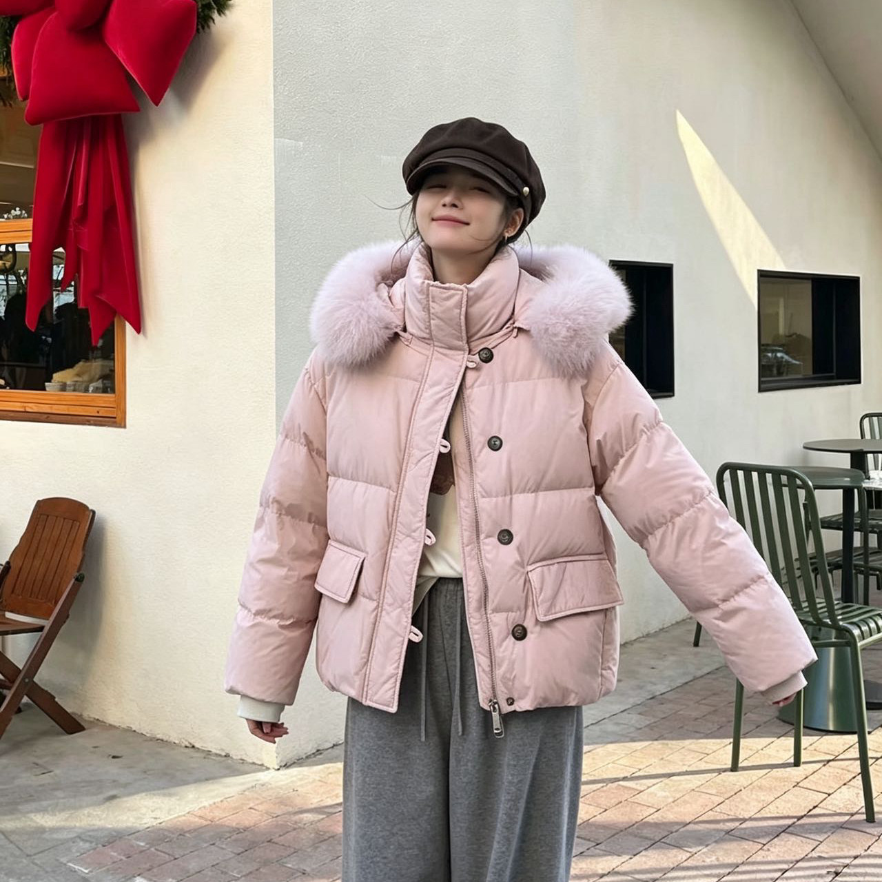 带毛领连帽白鸭绒保暖羽绒服女冬秋新款短款时尚百搭显瘦纽扣外套
