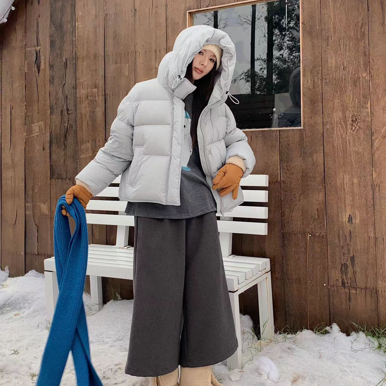 韩版连帽面包羽绒服女短款2026冬新款设计感小个子白鸭绒保暖外套
