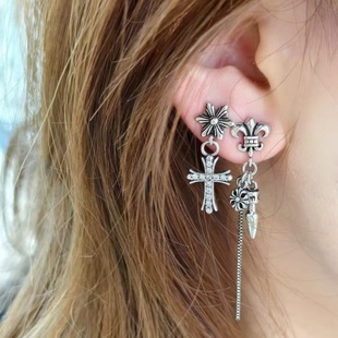 欧美潮牌复古做旧不对称镶钻S925耳环长款小众十字架耳钉耳饰