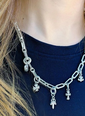 欧美潮花魁复古十字架多元素吊坠挂坠项链ins风潮流个性字母配饰