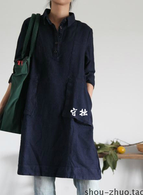 【原198/清库特价49元】守拙104-藏蓝色双口袋亚麻土布九分袖长衫