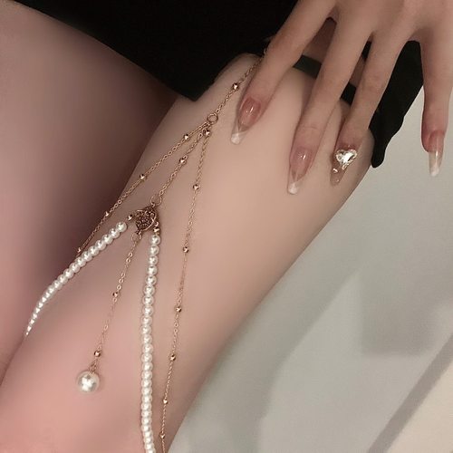 跨境欧美夸张简约多层珍珠链条腿链女 ins创意个性长款身体链饰品 - 封面