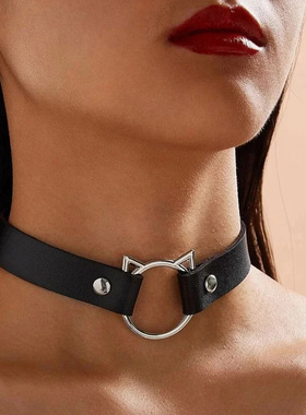 跨境欧美项圈个性夸张猫咪镂空黑色皮质可调节项圈项饰朋克铆钉款