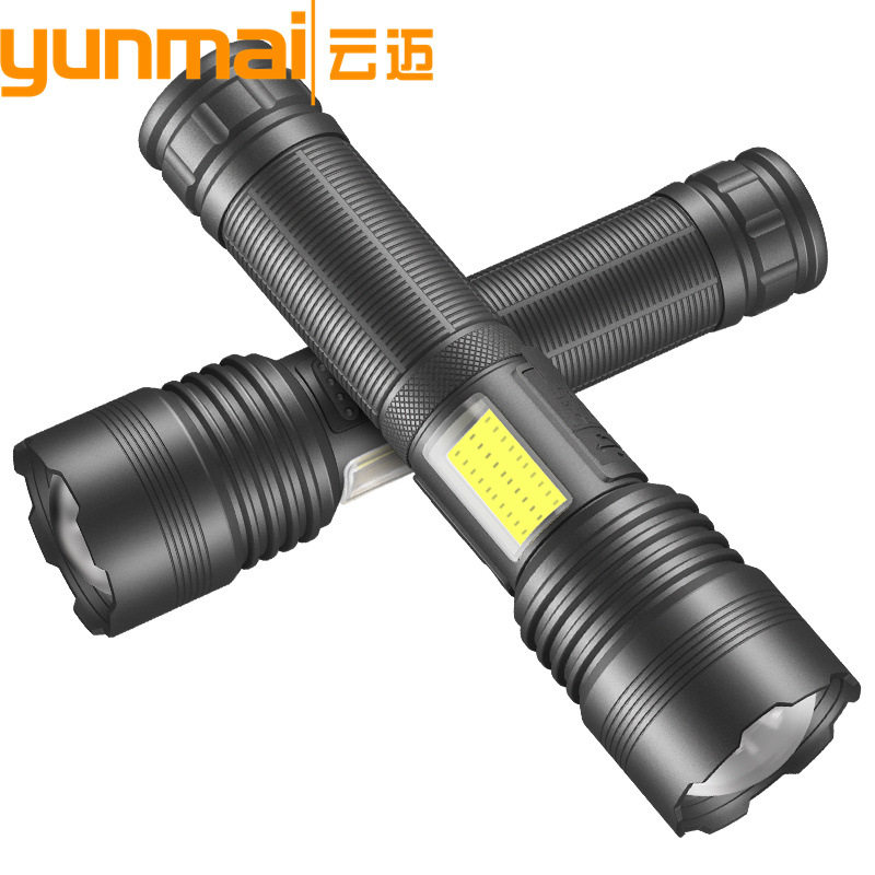 跨境新品强光XHP70手电筒 TYPE-C充电带侧灯COB红白光强光手电筒