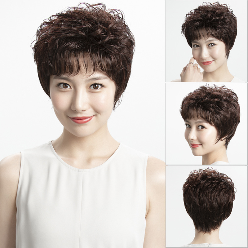 假发女短发全头套女士中老年妈妈真人发头套纹理蓬松假发头套