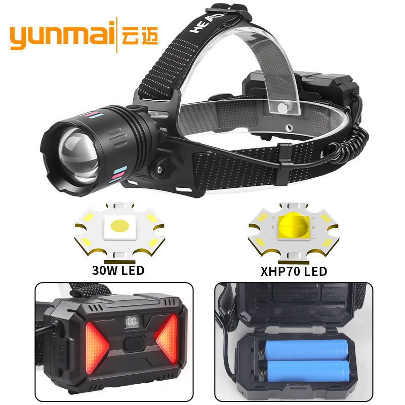 跨境新品30W白激光变焦头灯 数字显示XHP70强光USB充电荧光头灯