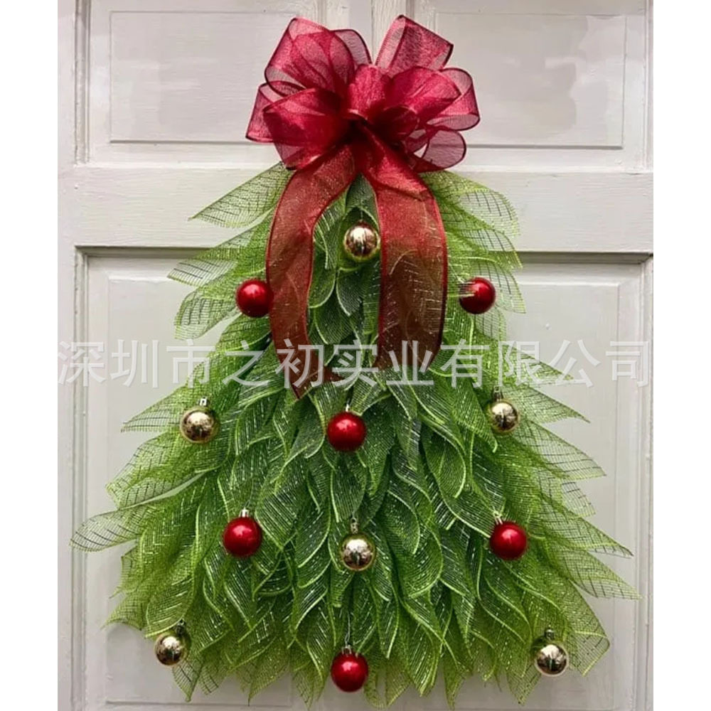 跨境圣诞树花环手工仿真圣诞节红色蝴蝶结花圈橱窗道具布置门挂