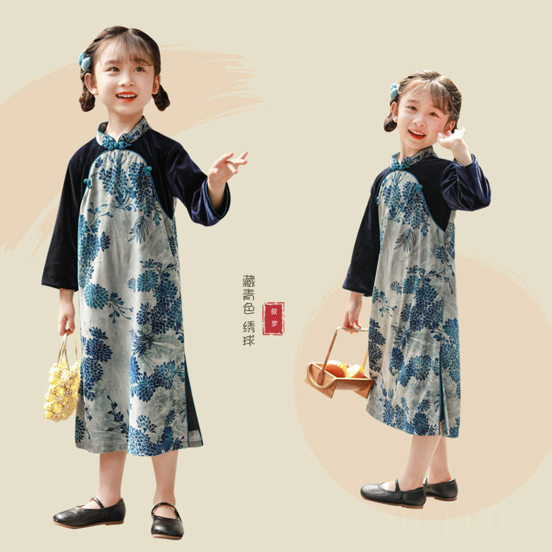 新款秋季女童旗袍汉服民国风古装长袖连衣裙女孩子改良版复古童装