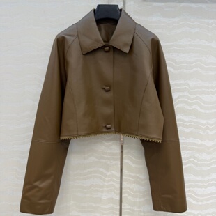 进口小山羊皮手工卷皮扣拼接水主溶花边翻领短款 真皮外套皮衣女