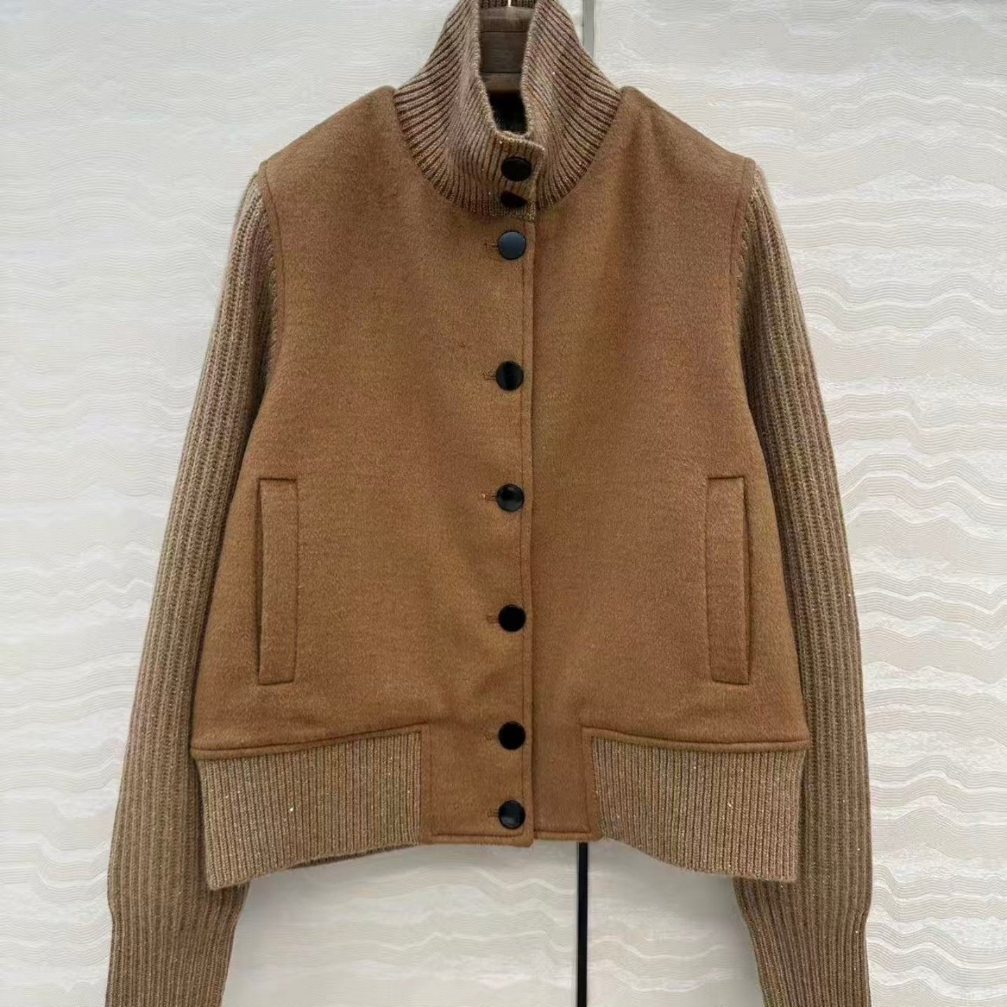 新款金丝羊绒罗纹拼接毛呢纱线立领单排扣高腰宽松夹克外套开衫女,女装/女士精品,羊绒衫,淘宝优惠券,粉丝福利购,淘宝优惠卷