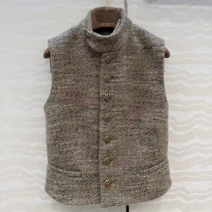 日系新款羊驼毛编织花呢单排金属蓟花扣高腰显瘦马甲小外套上衣女