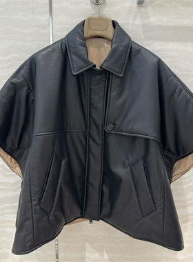 韩版落肩宽松版型慵懒进口绵羊皮廓形夹克披风斗篷棉服外套上衣女