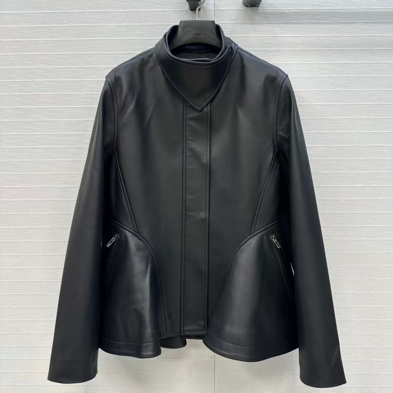 日系小羊皮高领可拆收腰皮衣女