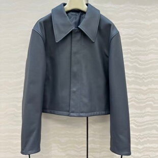 日系新款定制低饱和色度雾霾蓝进口荔枝纹牛皮高腰短款皮衣外套女