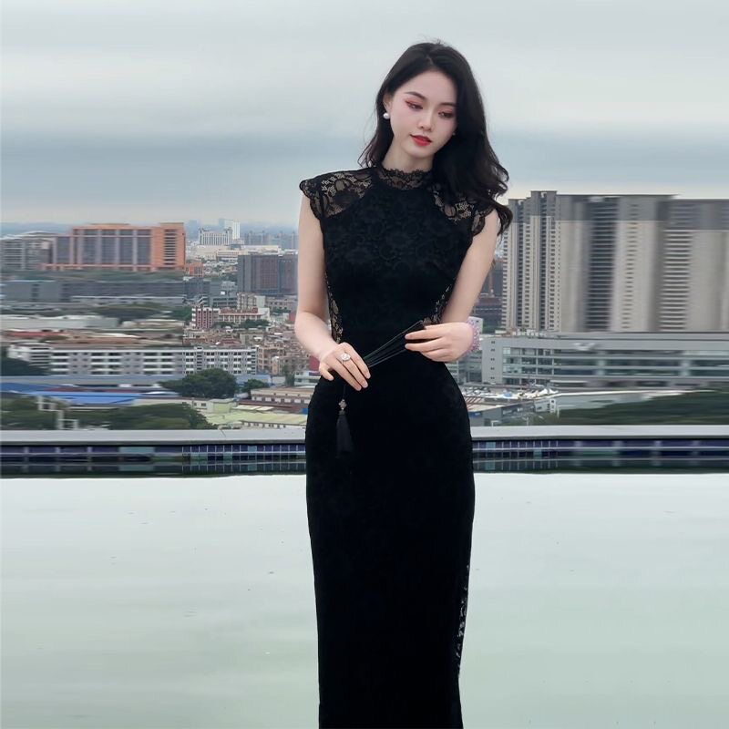风情万种名媛气质轻奢女人味高级感重要场合黑色蕾丝拼接连衣裙春