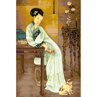 春闺倦读图diy数字油画填充填色客厅风景装饰画