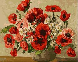diy数字油画植物花卉填色绘油彩装饰画 花瓶里的红色罂粟花束