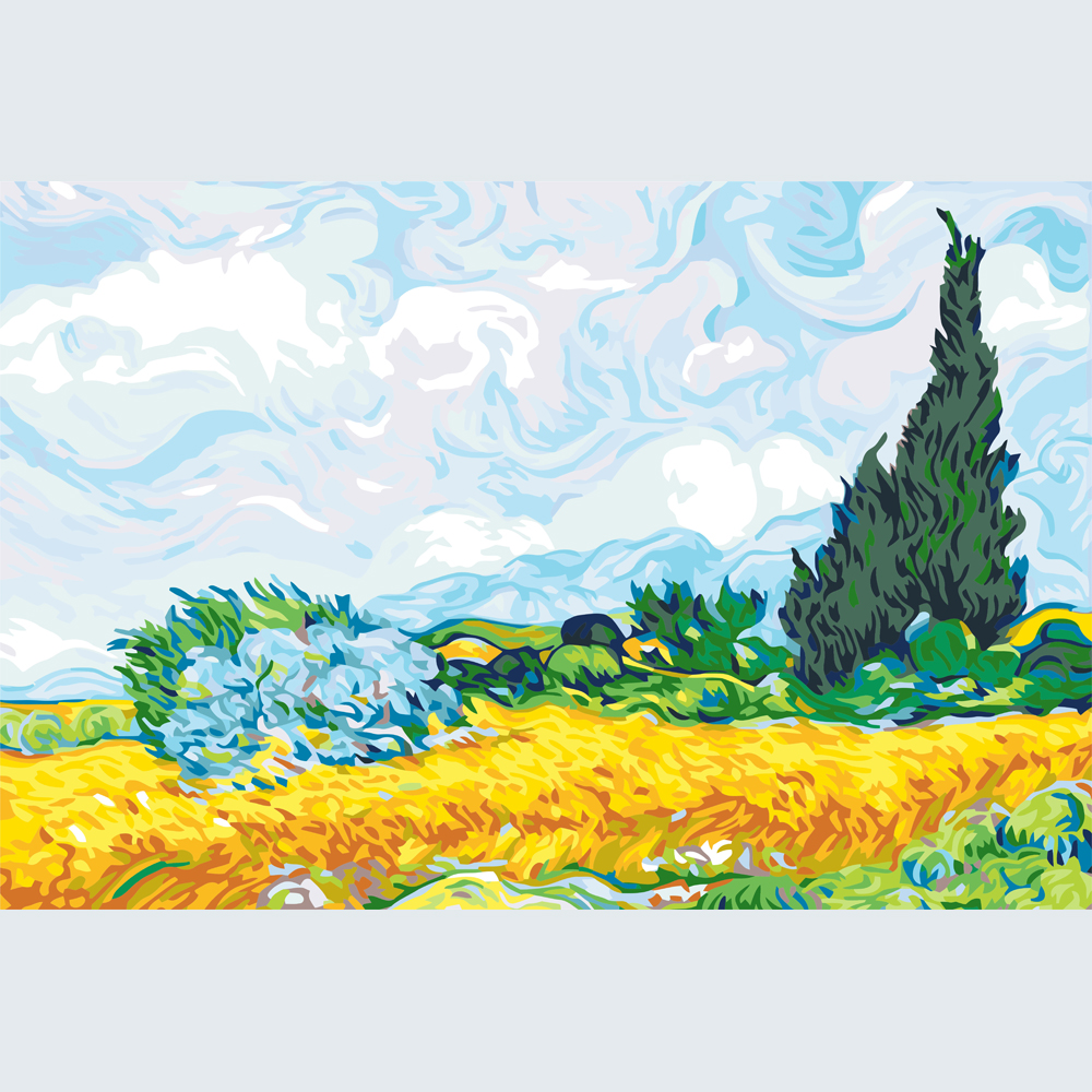 麦田里的丝柏树diy数字油画填充填色客厅风景装饰画图片