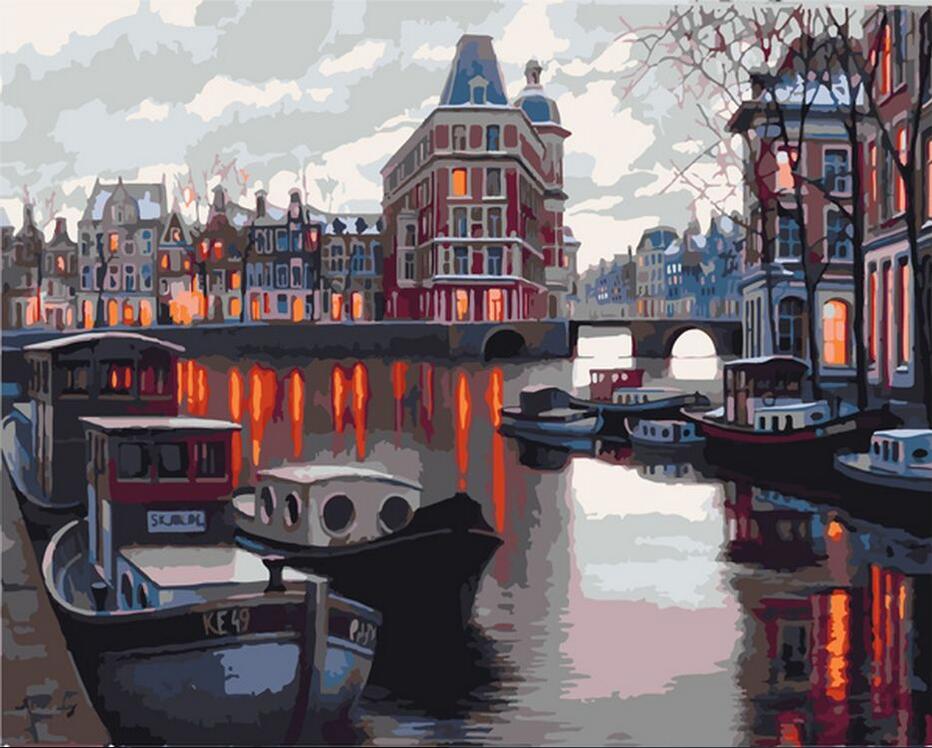 diy数字油画抽象风景填色绘油彩装饰画 平静的湖边城市