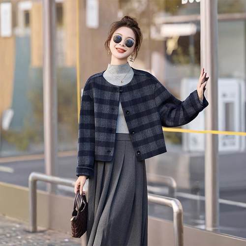 灰色格呢ZZI2548R纹短款双面呢羊毛大圆衣女冬个小子气质休闲领子