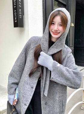 学院风篷灰色连帽中长双面羊绒冬大款衣女D115-C21高级感超好看毛