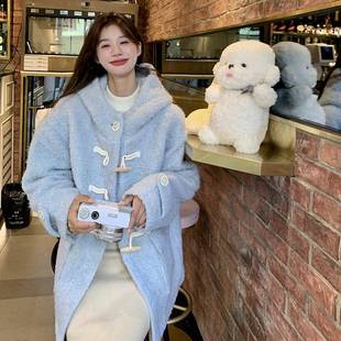 韩宽大松减b166 新款 661牛角扣呢 蓝色龄毛呢外套女小个子秋冬季 版