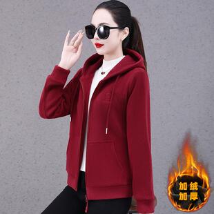 加绒卫衣8415556外套女新款秋冬季尚洋气时连拉帽链士开衫加厚女
