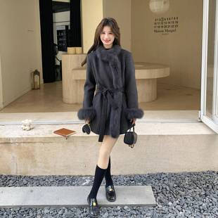 羽显瘦毛呢中长款 绒新系腰带狐服狸毛修身 88款 2B17