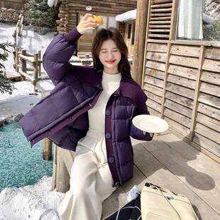 韩版紫色针绒拼外接大翻领羽C267-97服女冬织设计感小个子白鸭绒