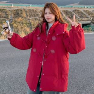红色保暖棉服女款外冬季款宽b170-259松休牛角扣连帽棉衣新棉闲袄