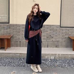 卫衣半身裙套装 初B297 袖 计时尚 女宽松衣显瘦长上设感两 17秋新款