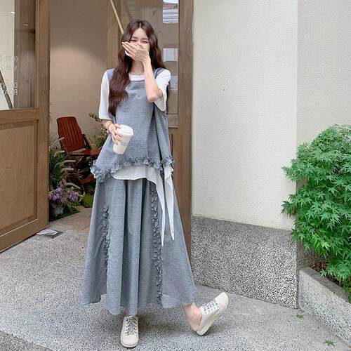 灰色学三院风松弛装感背心套C260-X07裙女夏季新款休闲恤身裙半件