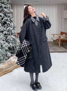 灰色风格子拼接翻领奢两件双面呢轻羊c108-766毛大衣女秋冬假新款