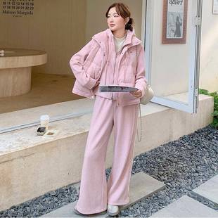 马韩系加厚羽卫绒甲阔腿裤 粉色连加绒衣套装 新款 258冬季 三 女b170