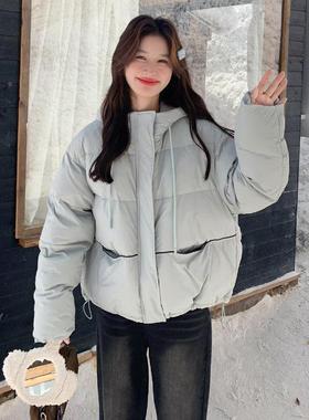 蓝色连短款羽绒服浅女冬新款计感宽b171-XW设松保帽暖小个子减龄