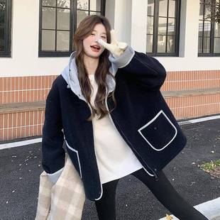 帽撞色拼接连毛绒外套女冬季 202 独特超好看韩闲小个子系休棉C075