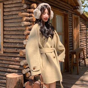 立领收毛腰b170 古休闲中长款 256羊外 新款 卡其色双面呢套复女冬季