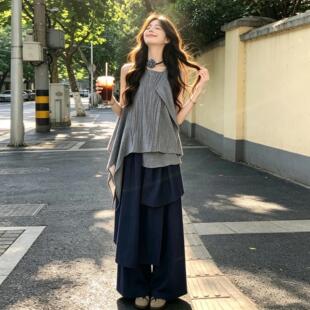 松弛感复古款D111-D85减腿龄不规吊带套则装女夏季新巨好看阔裤两