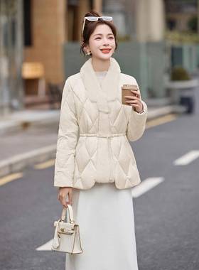 ZYJ99858新中式国盘扣羽绒服女短风提款新冬季高款端花复古白鸭绒