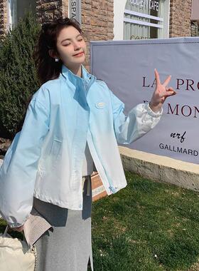 设计感蓝色渐变工装短外ZZB228A季套春系韩小个子洋女气减龄夹克