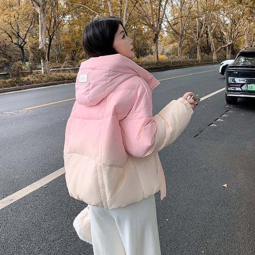 粉渐变连帽c218-25羽绒服冬新短色款小设个子计感超好看多巴胺外