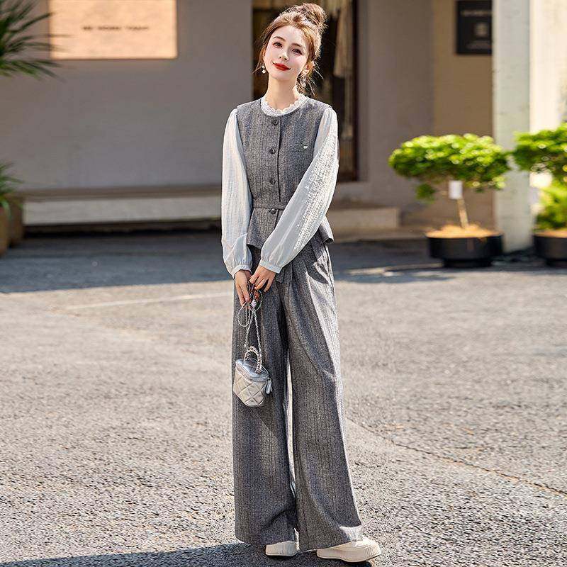 马甲衬衫阔裤三件套装秋气季新款时尚气质洋休腿闲减女龄ZAI105N