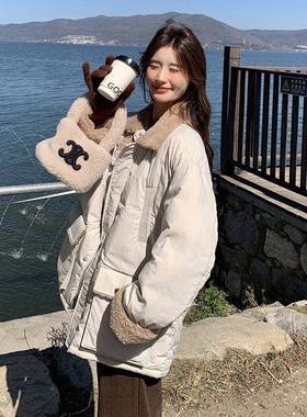 白白色c201-186羊羔毛拼接羽绒服中女长款冬季米新款韩版加厚鸭绒