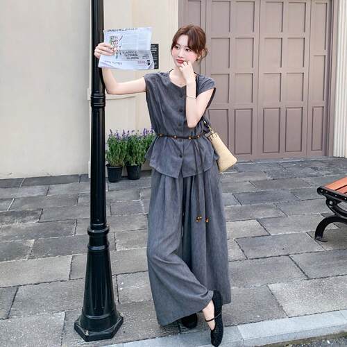 灰韩系级c103-C66感穿搭新套装女初夏款休闲时色尚上衣阔裤两件腿