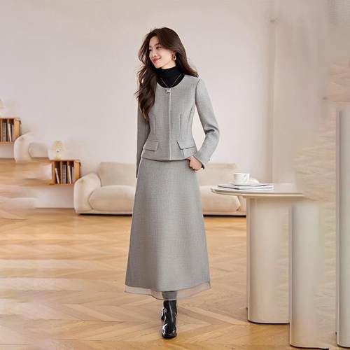 时尚休闲套装秋冬套新款两女装气质雅纯色百优搭外套半ZZI5665R裙