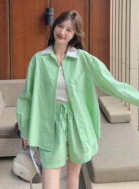 高条端时尚休套装春季新款防闲晒ZDIE6818慵懒纹衬阔腿裤衣两件套