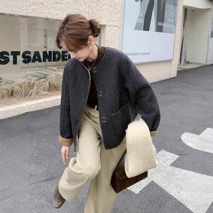 C087 韩小个子双面子 928咖色两呢面穿毛呢流外套女冬今年行系短款