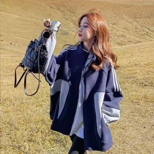 ZBO821X设计感小众女撞色卫衣外套春秋季新款版韩运宽松休闲动棒