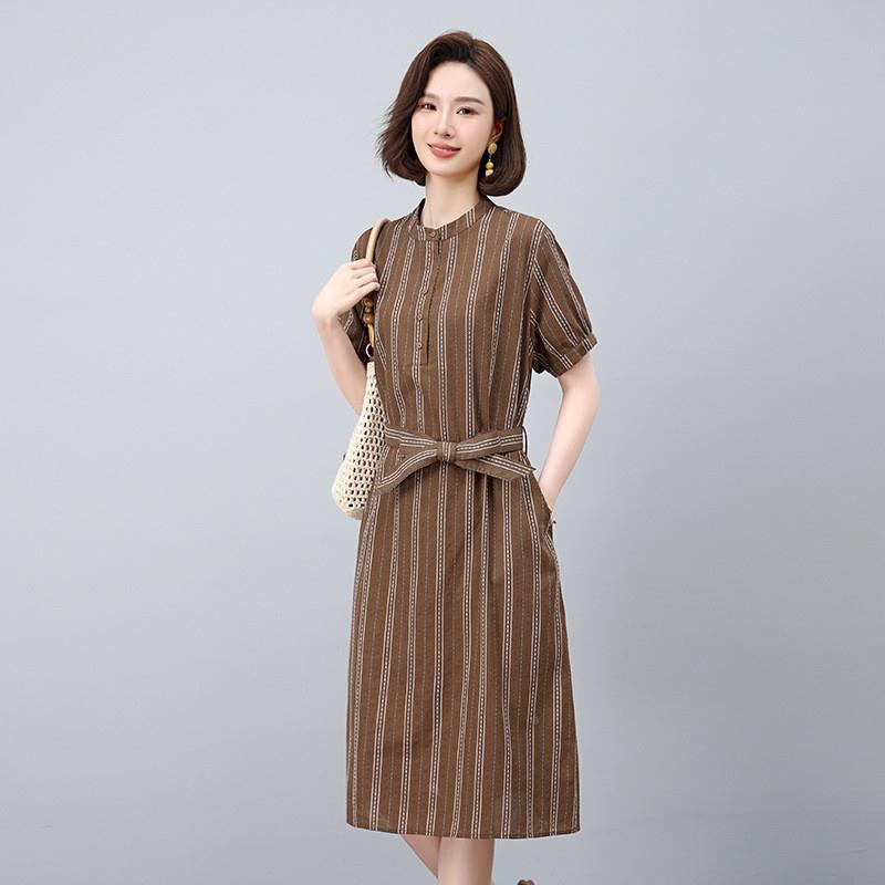 条ZOU5848R纹短袖连衣裙女夏新款中裙年妈妈宽松气质收显腰季瘦休