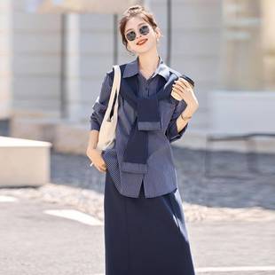 休闲减装 新款 龄条半身裙三气 套裙女秋季 韩系质披ZYI2617F肩纹衬衫